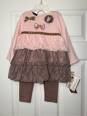 Kate Mack Pink & Brown Tiered Lace Dress Set with Bows